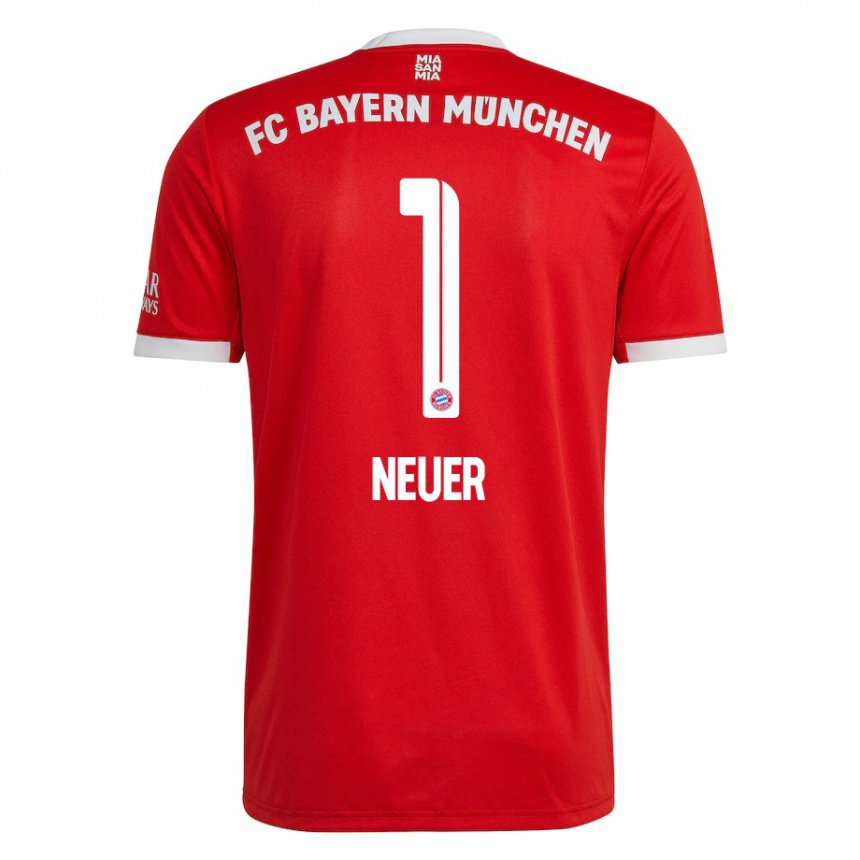 Enfant Maillot Manuel Neuer #1 Neon Rouge Blanc Tenues Domicile 2022/23 T-shirt Belgique