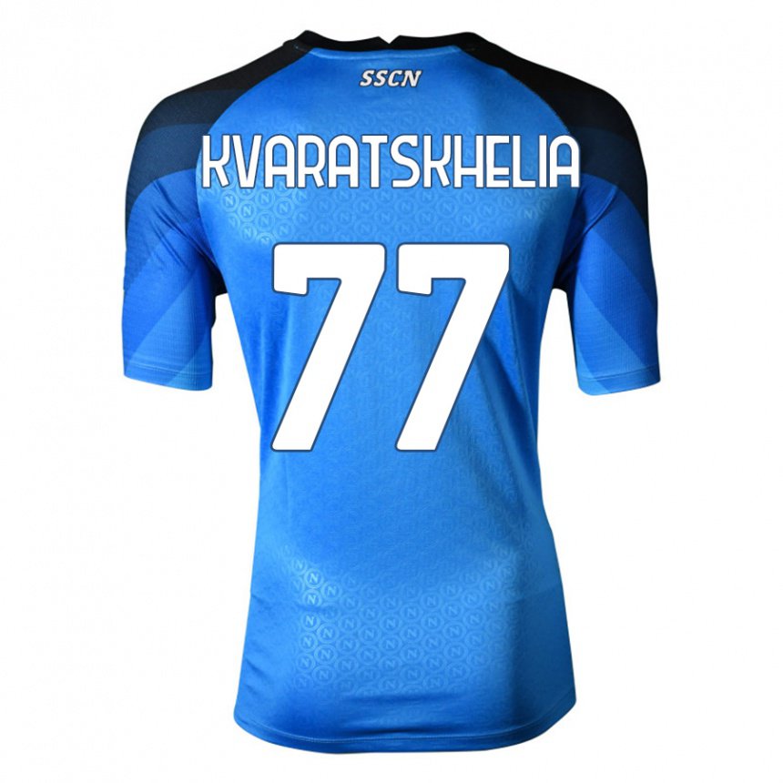 Enfant Maillot Khvicha Kvaratskhelia #77 Bleu Foncé Gris Tenues Domicile 2022/23 T-shirt Belgique