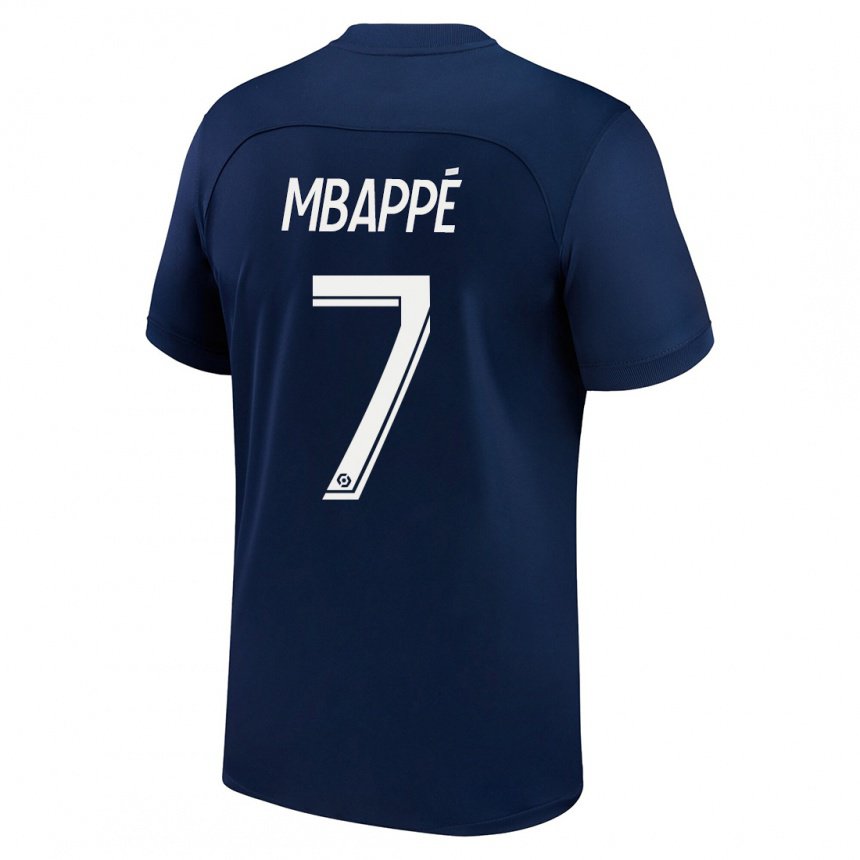 Enfant Maillot Kylian Mbappé #7 Bleu Foncé Rouge Tenues Domicile 2022/23 T-shirt Belgique