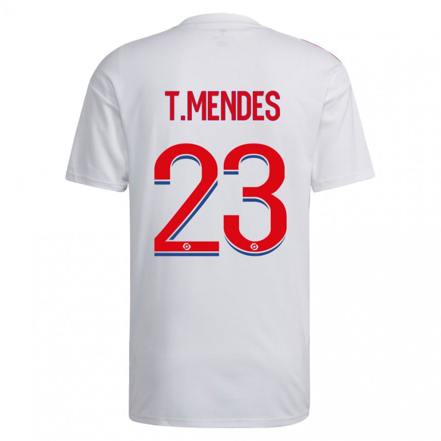 Enfant Maillot Thiago Mendes #23 Blanc Bleu Rouge Tenues Domicile 2022/23 T-shirt Belgique