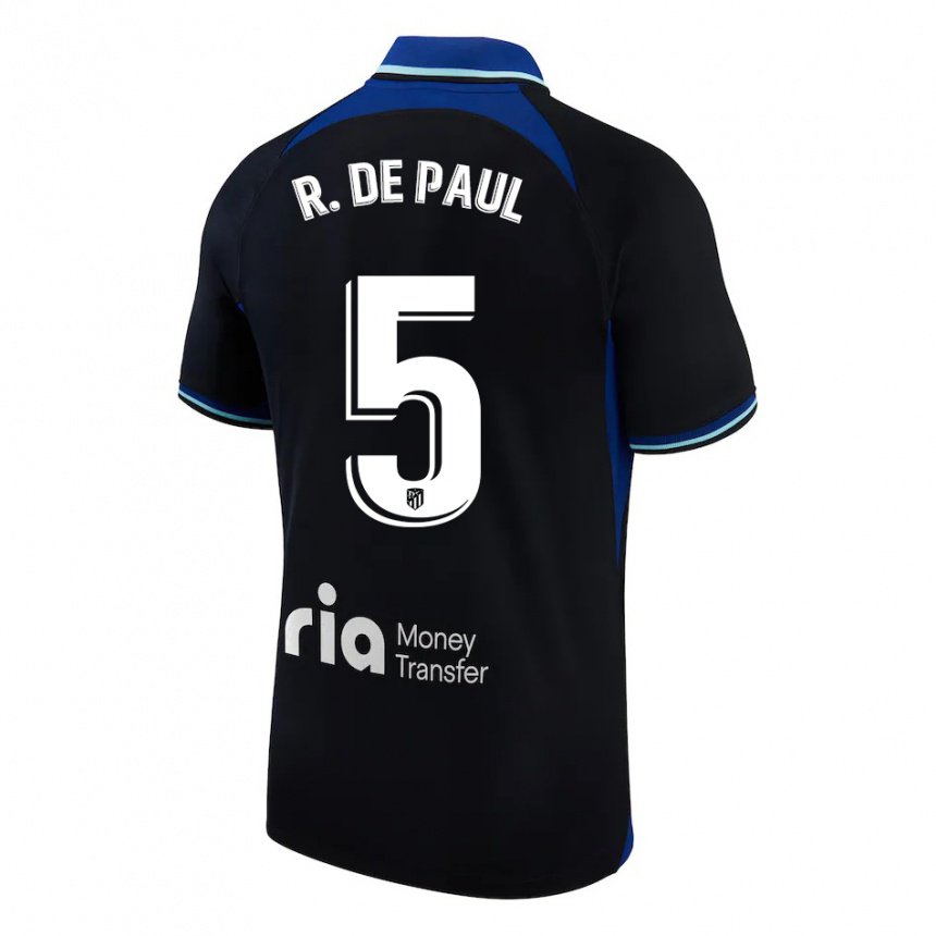Enfant Maillot Rodrigo De Paul #5 Noir Blanc Bleu Tenues Extérieur 2022/23 T-shirt Belgique