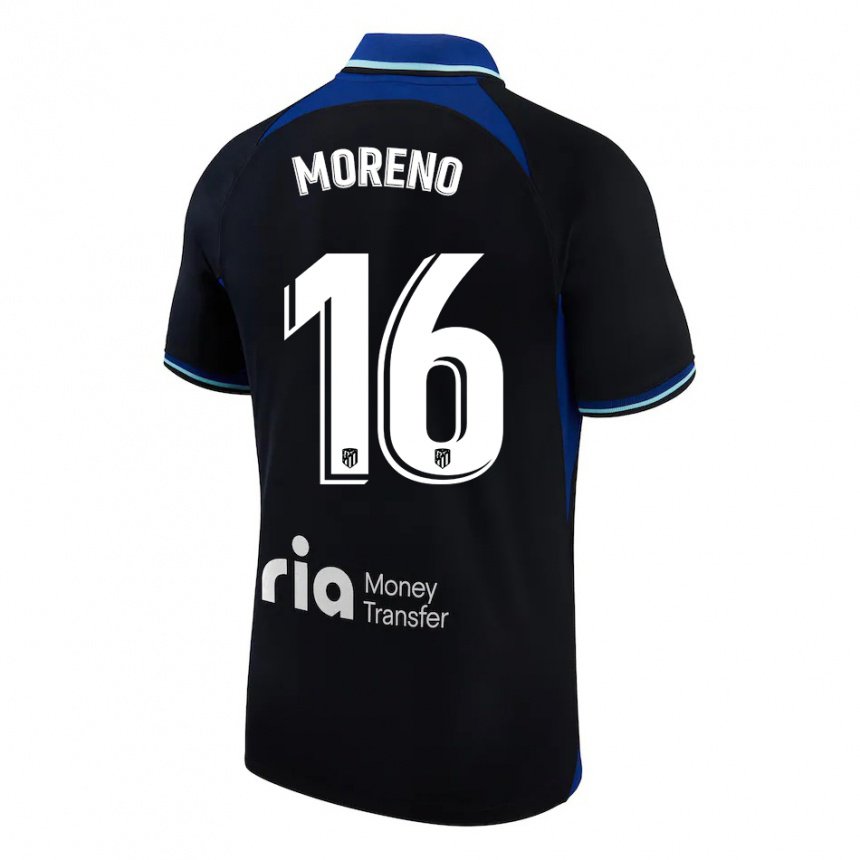 Enfant Maillot Marco Moreno #16 Noir Blanc Bleu Tenues Extérieur 2022/23 T-shirt Belgique