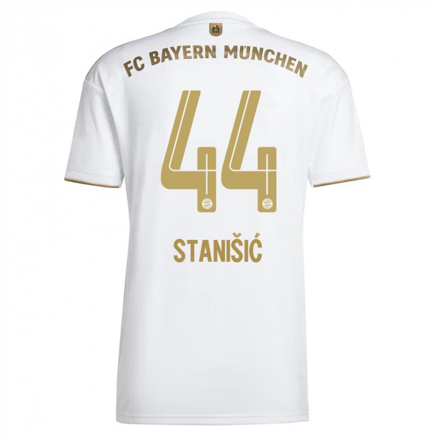 Kinder Josip Stanisic #44 Weißes Gold Auswärtstrikot Trikot 2022/23 T-shirt Belgien