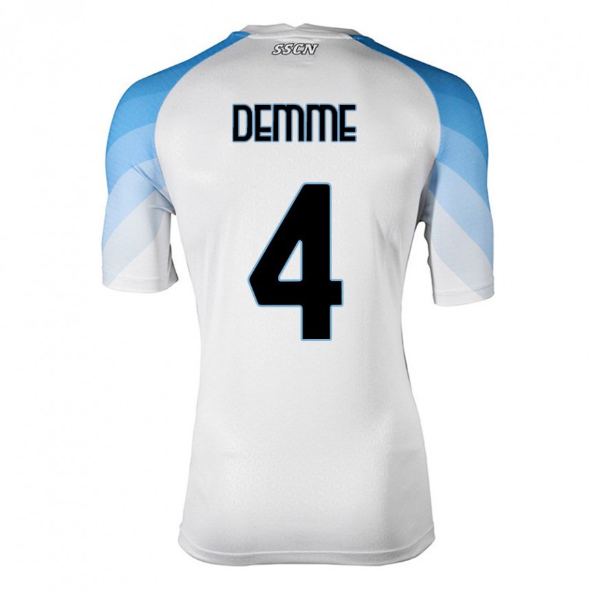 Enfant Maillot Diego Demme #4 Blanc Bleu Ciel Tenues Extérieur 2022/23 T-shirt Belgique