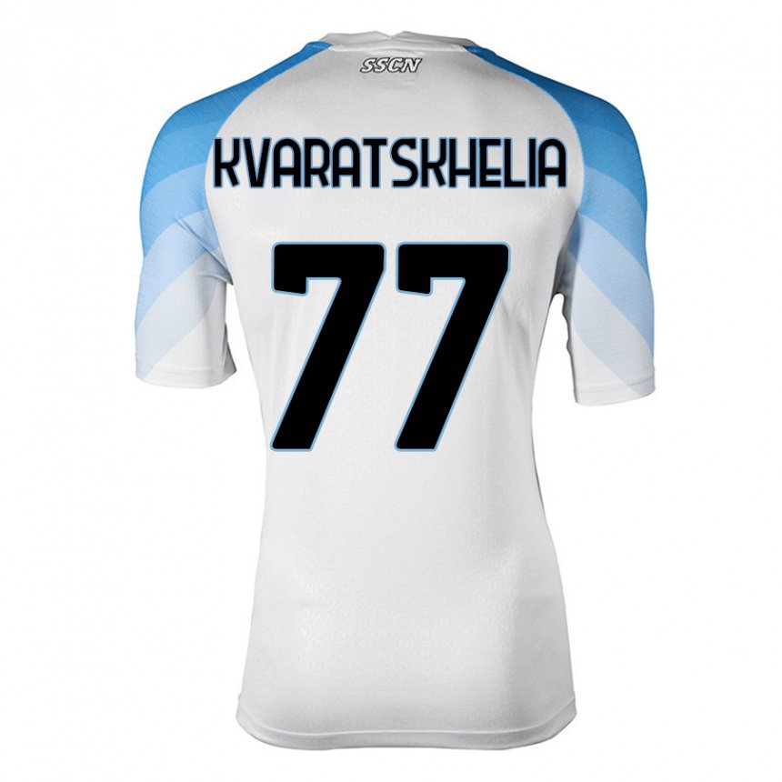 Kinder Khvicha Kvaratskhelia #77 Weiß Himmelblau Auswärtstrikot Trikot 2022/23 T-shirt Belgien