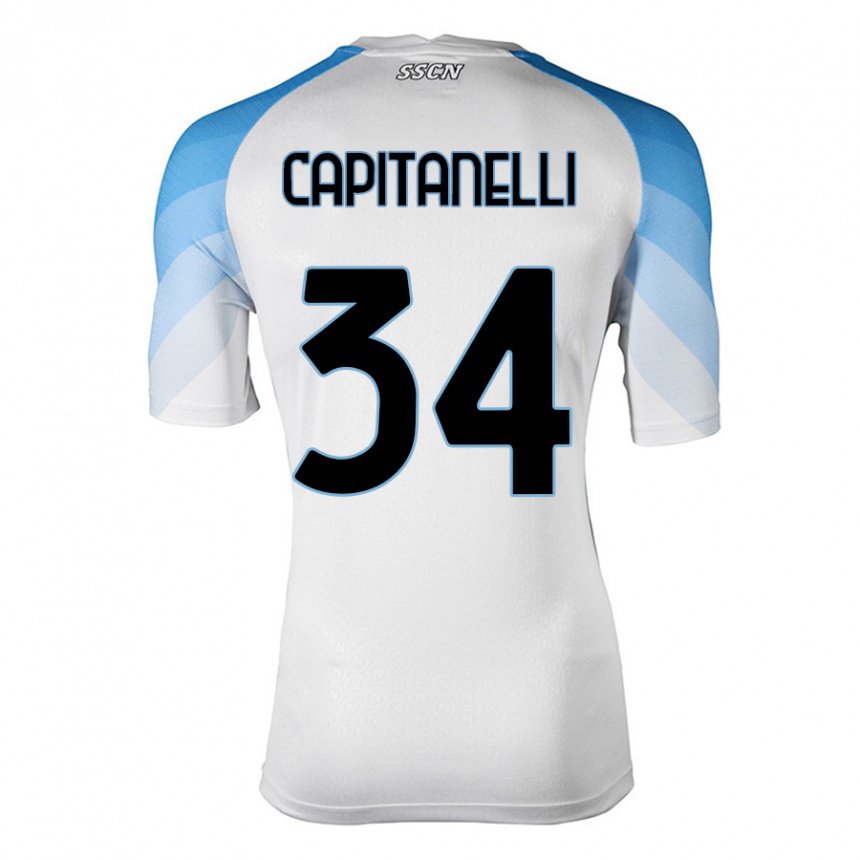 Enfant Maillot Ilaria Capitanelli #34 Blanc Bleu Ciel Tenues Extérieur 2022/23 T-shirt Belgique