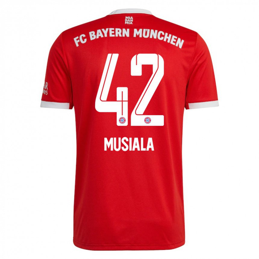 Homme Maillot Jamal Musiala #42 Neon Rouge Blanc Tenues Domicile 2022/23 T-shirt Belgique