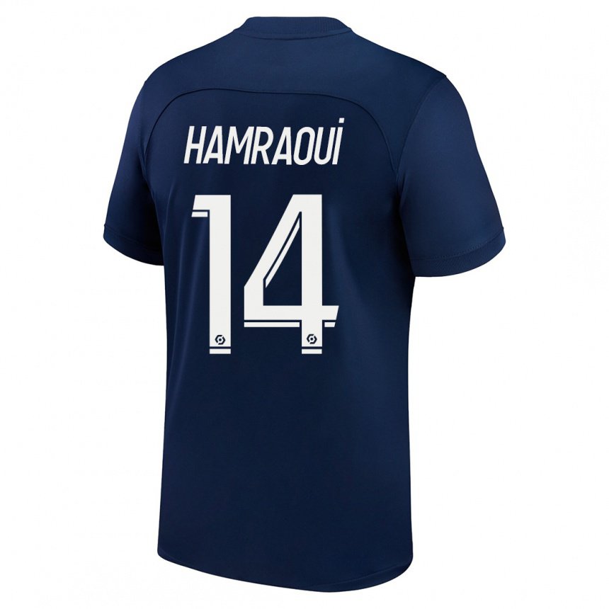 Homme Maillot Kheira Hamraoui #14 Bleu Foncé Rouge Tenues Domicile 2022/23 T-shirt Belgique