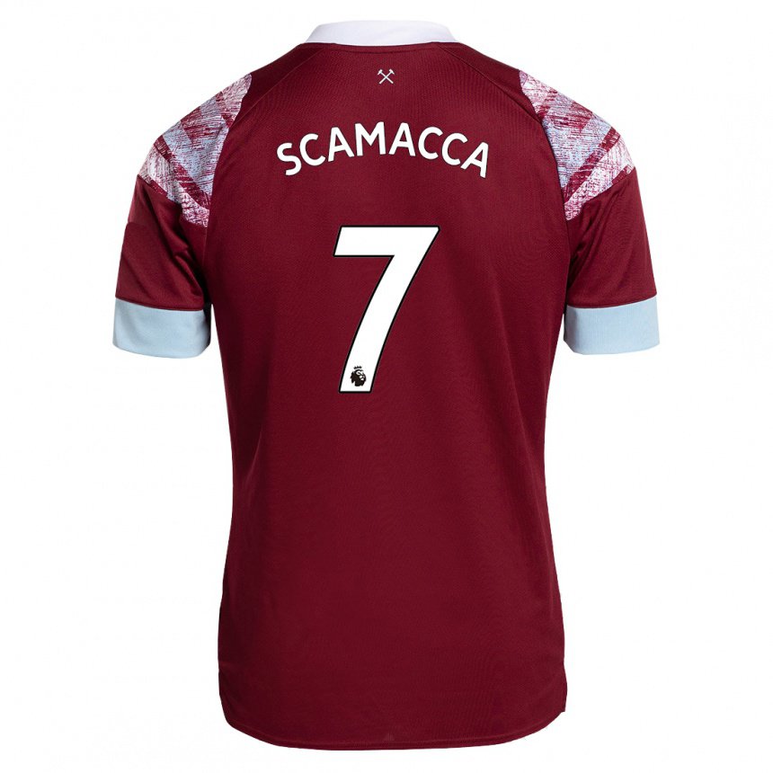Homme Maillot Gianluca Scamacca #7 Bordeaux Tenues Domicile 2022/23 T-shirt Belgique