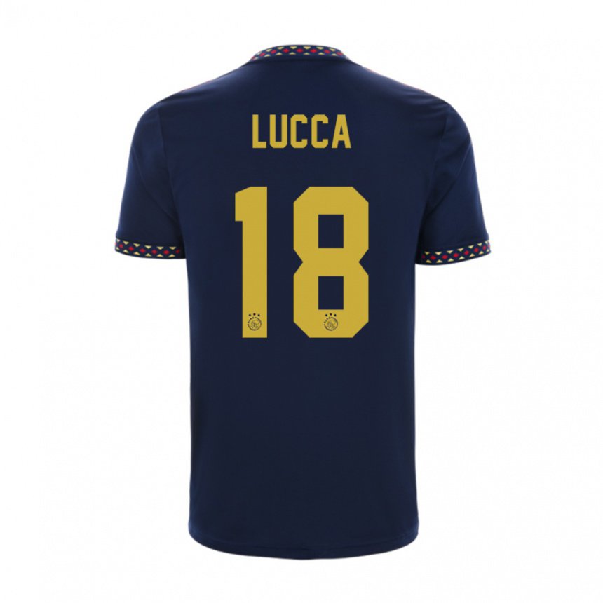 Homme Maillot Lorenzo Lucca #18 Bleu Foncé Tenues Extérieur 2022/23 T-shirt Belgique