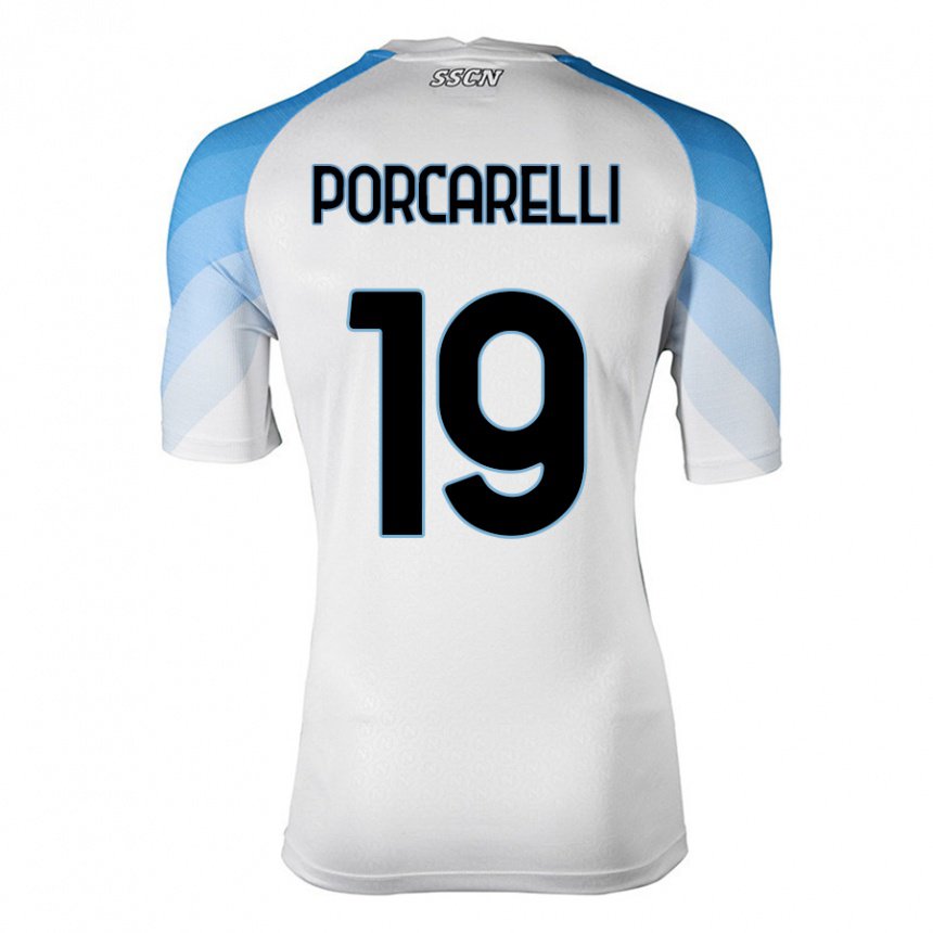 Homme Maillot Maddelena Porcarelli #19 Blanc Bleu Ciel Tenues Extérieur 2022/23 T-shirt Belgique