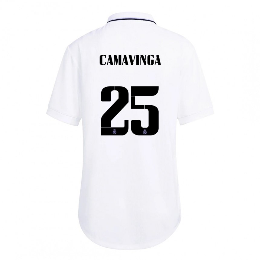 Femme Maillot Eduardo Camavinga #25 Blanc Violet Tenues Domicile 2022/23 T-shirt Belgique