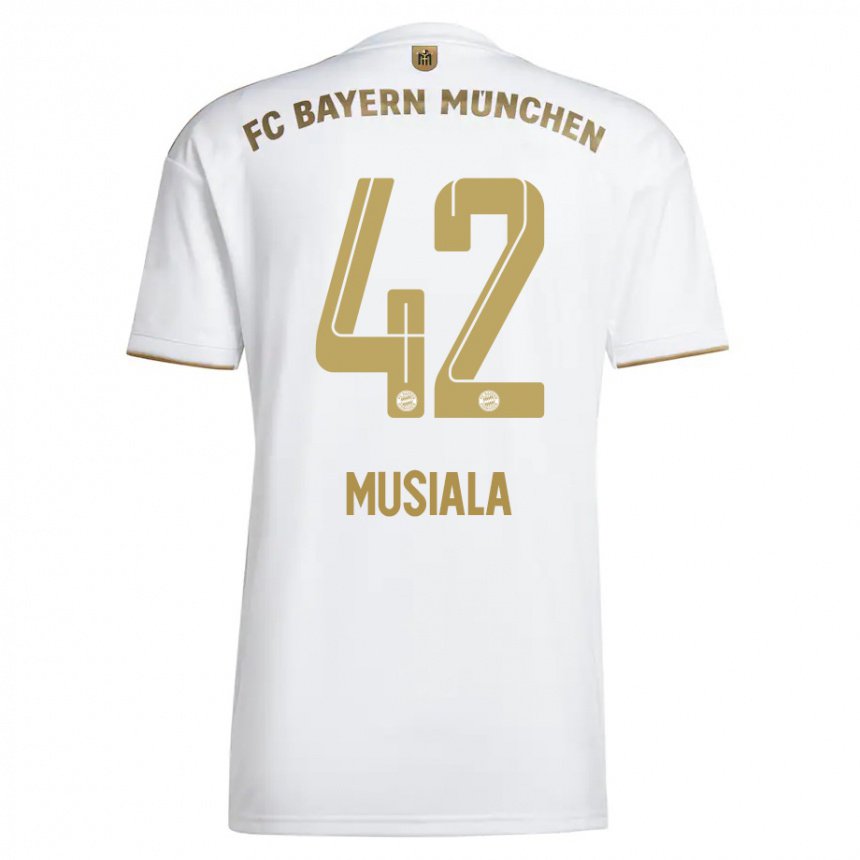 Femme Maillot Jamal Musiala #42 Blanc Or Tenues Extérieur 2022/23 T-shirt Belgique