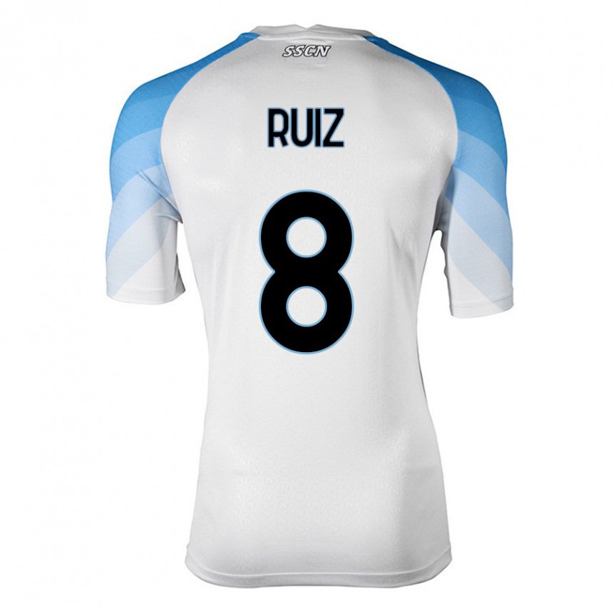 Femme Maillot Fabian Ruiz #8 Blanc Bleu Ciel Tenues Extérieur 2022/23 T-shirt Belgique