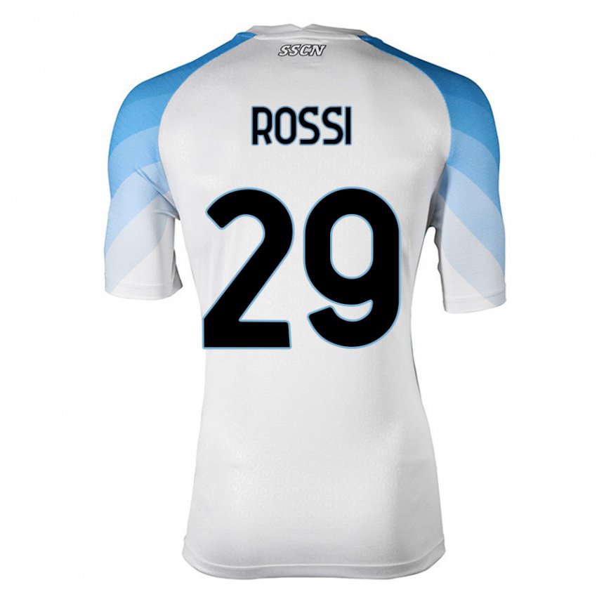 Femme Maillot Francesco Rossi #29 Blanc Bleu Ciel Tenues Extérieur 2022/23 T-shirt Belgique