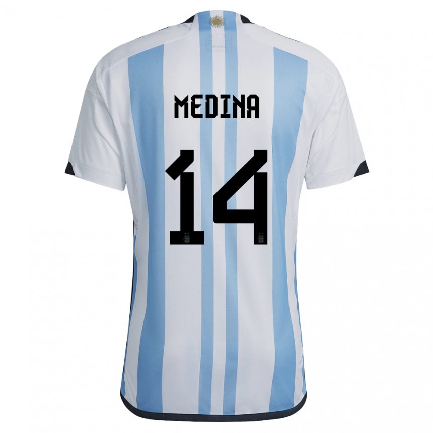Enfant Maillot Argentine Facundo Medina #14 Blanc Bleu Ciel Tenues Domicile 22-24 T-shirt Belgique
