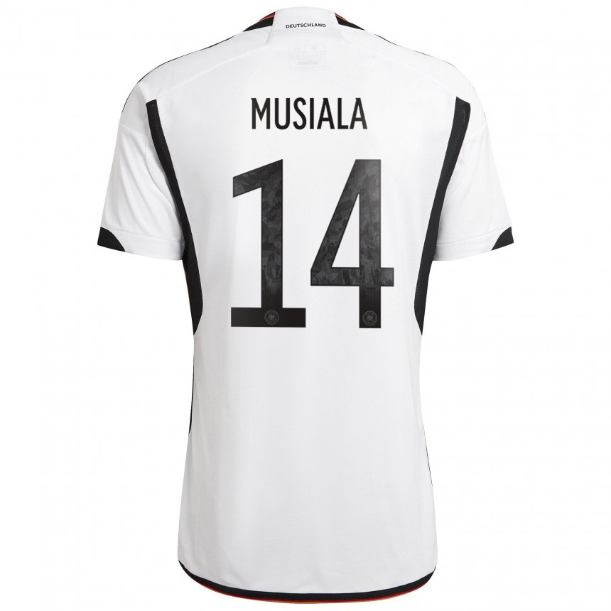 Enfant Maillot Allemagne Jamal Musiala #14 Blanc Noir Tenues Domicile 22-24 T-shirt Belgique