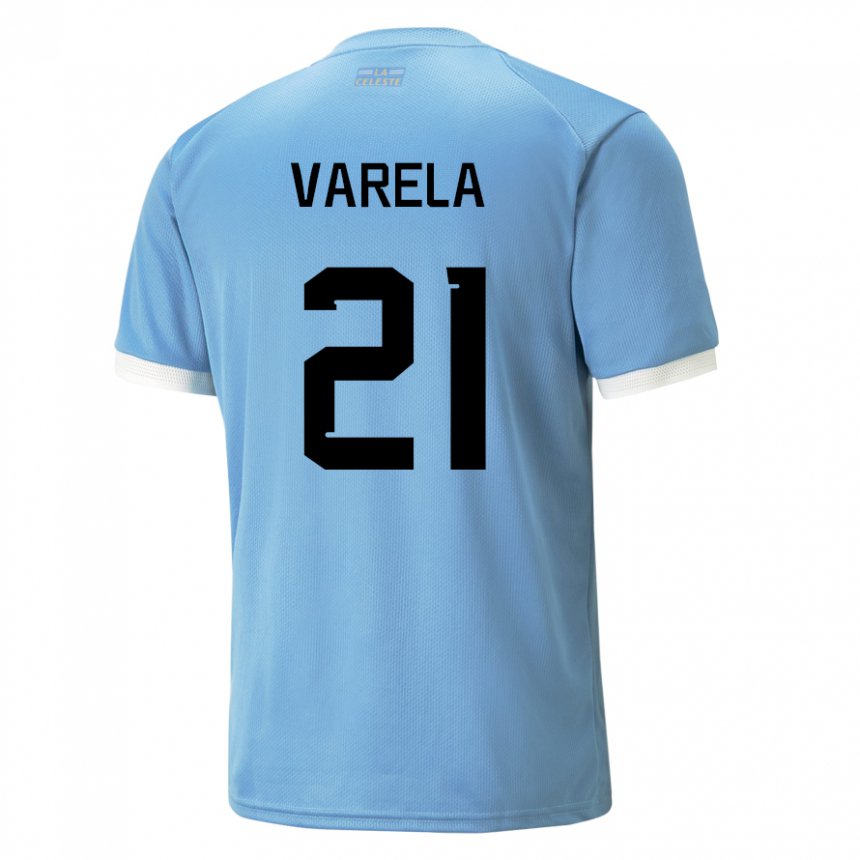Enfant Maillot Uruguay Gullermo Varela #21 Bleue Tenues Domicile 22-24 T-shirt Belgique