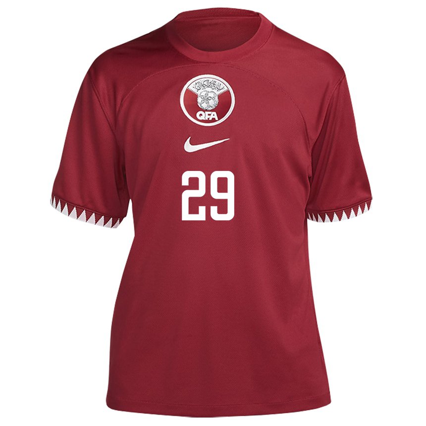 Kinder Katarische Mohamed Emad Aiash #29 Kastanienbraun Heimtrikot Trikot 22-24 T-shirt Belgien