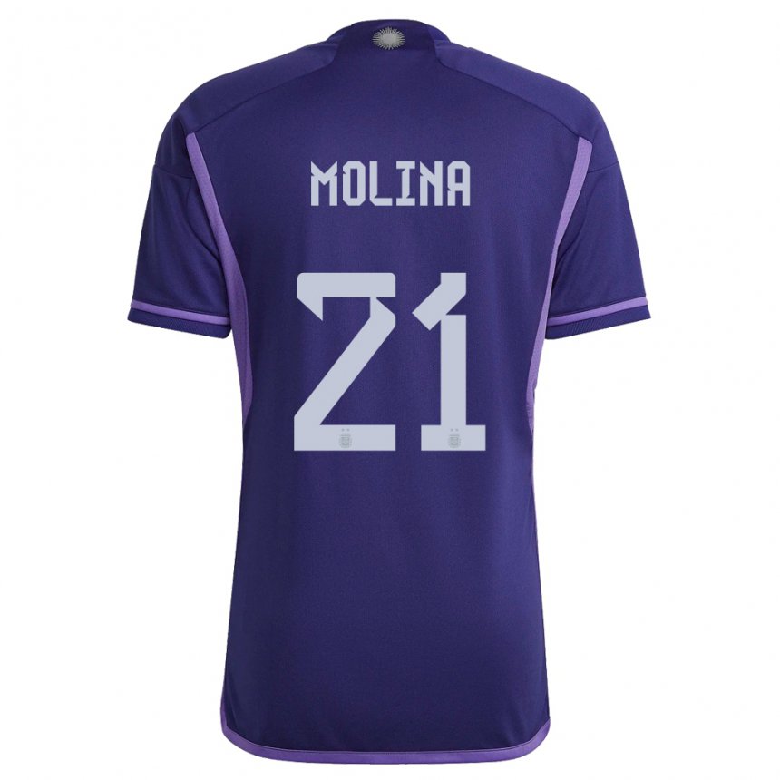 Kinder Argentinische Nahuel Molina #21 Violett Auswärtstrikot Trikot 22-24 T-shirt Belgien