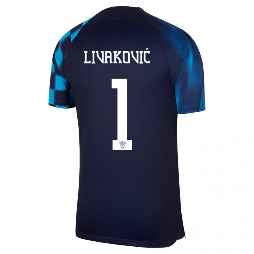 Kinder Kroatische Dominik Livakovic #1 Dunkelblau Auswärtstrikot Trikot 22-24 T-shirt Belgien