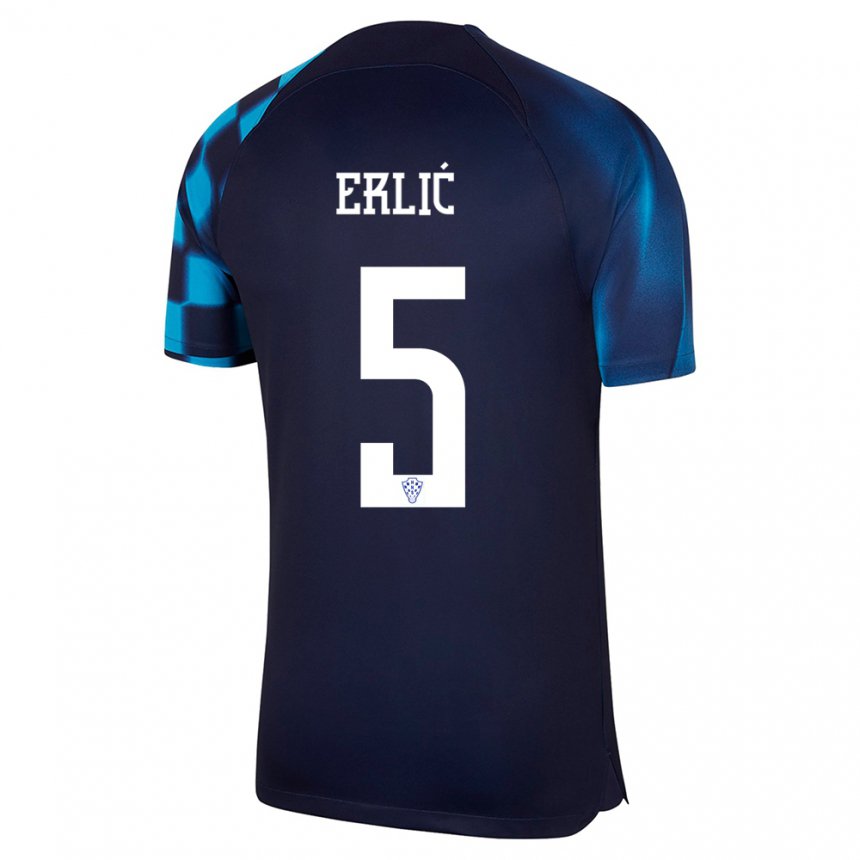 Enfant Maillot Croatie Martin Erlic #5 Bleu Foncé Tenues Extérieur 22-24 T-shirt Belgique