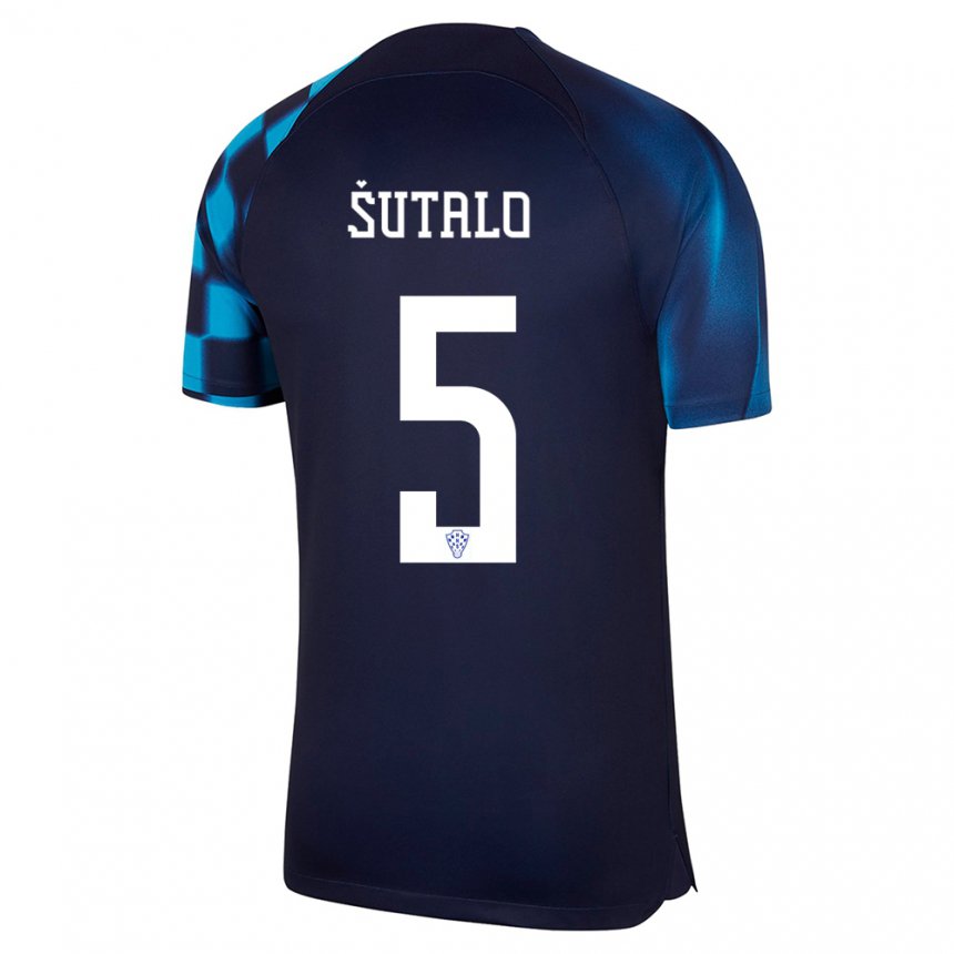Enfant Maillot Croatie Josip Sutalo #5 Bleu Foncé Tenues Extérieur 22-24 T-shirt Belgique