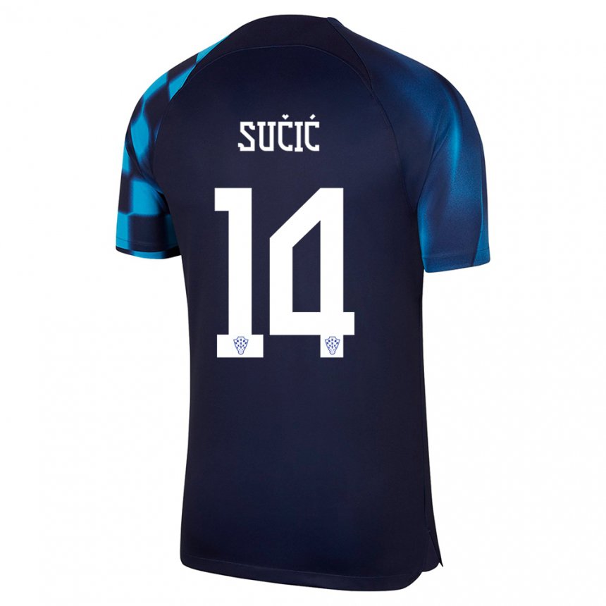 Enfant Maillot Croatie Luka Sucic #14 Bleu Foncé Tenues Extérieur 22-24 T-shirt Belgique