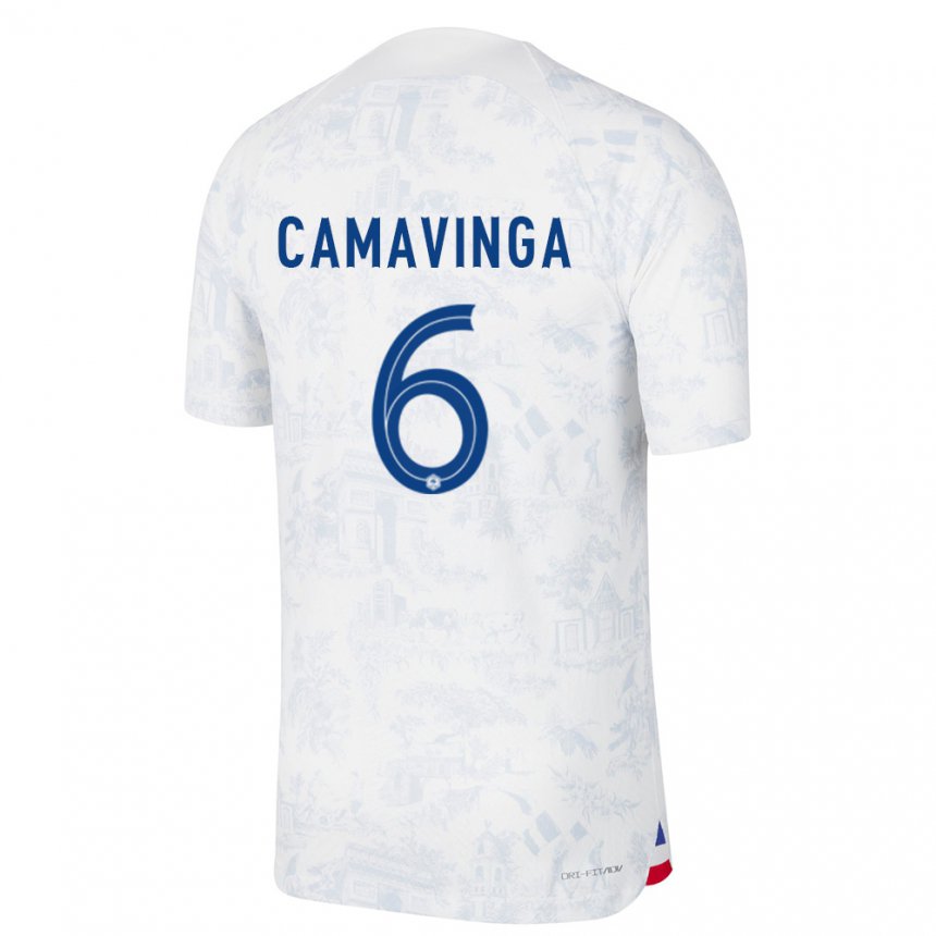 Kinder Französische Eduardo Camavinga #6 Weiß Blau Auswärtstrikot Trikot 22-24 T-shirt Belgien