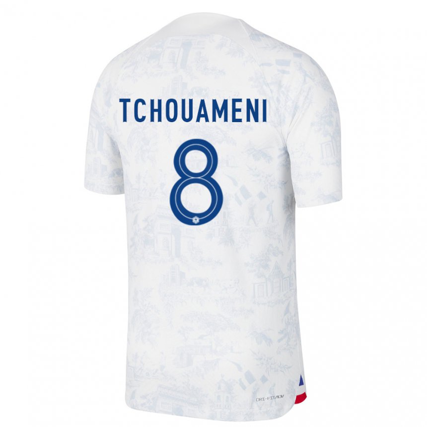 Kinder Französische Aurelien Tchouameni #8 Weiß Blau Auswärtstrikot Trikot 22-24 T-shirt Belgien