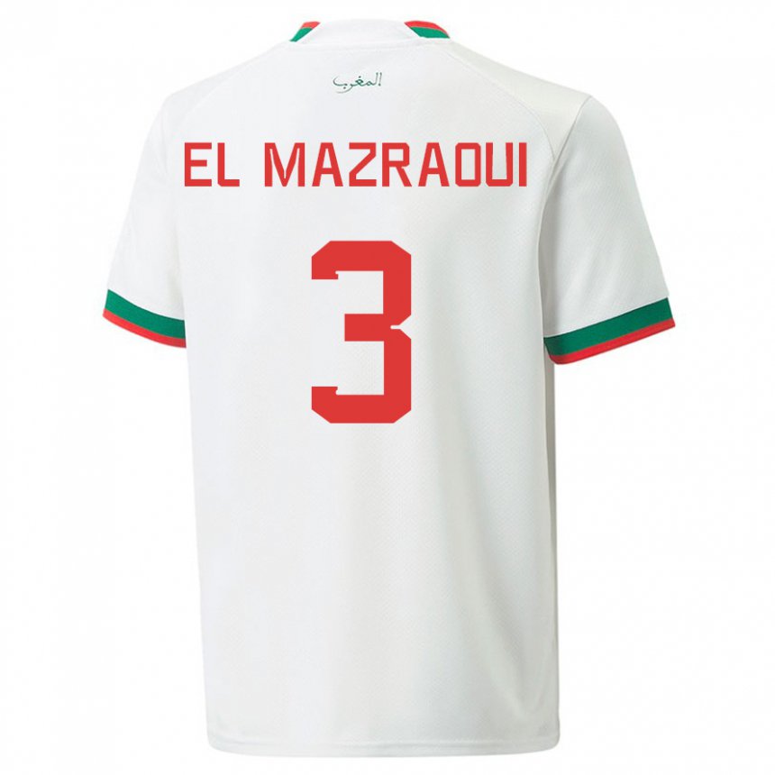 Enfant Maillot Maroc Noussair El Mazraoui #3 Blanc Tenues Extérieur 22-24 T-shirt Belgique