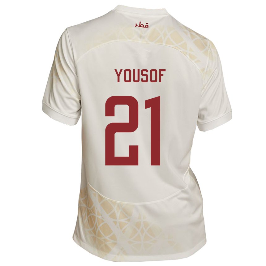 Kinder Katarische Yousof Hassan #21 Goldbeige Auswärtstrikot Trikot 22-24 T-shirt Belgien