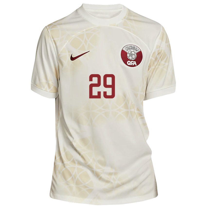 Kinder Katarische Mohamed Emad Aiash #29 Goldbeige Auswärtstrikot Trikot 22-24 T-shirt Belgien