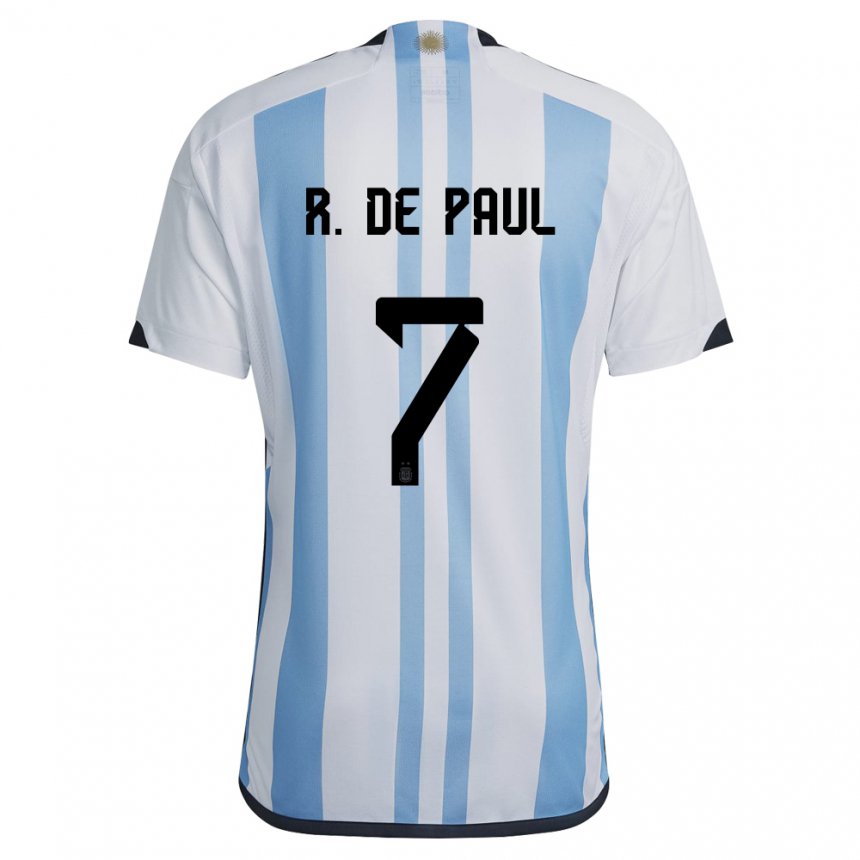 Homme Maillot Argentine Rodrigo De Paul #7 Blanc Bleu Ciel Tenues Domicile 22-24 T-shirt Belgique