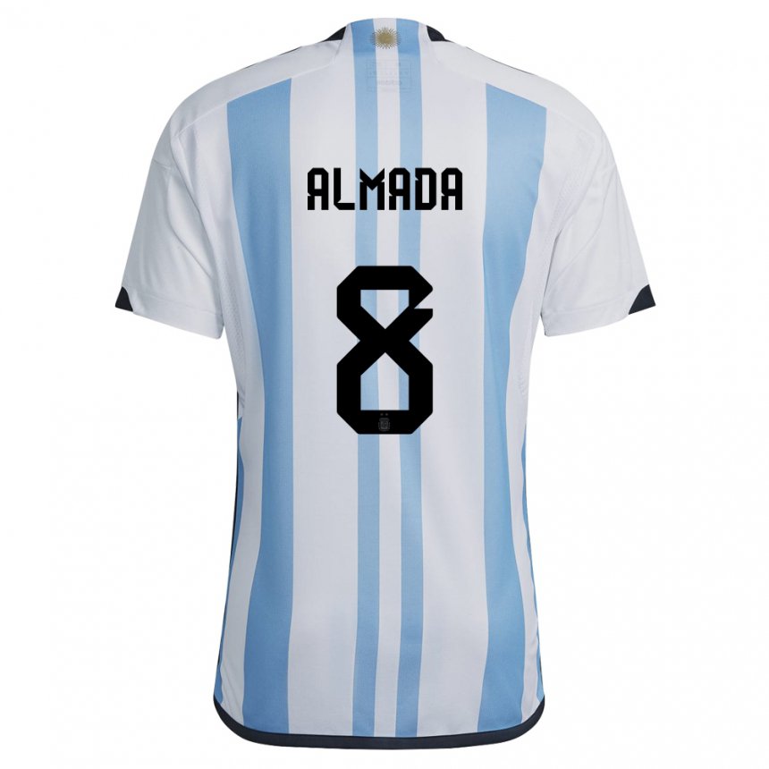 Herren Argentinische Thiago Almada #8 Weiß Himmelblau Heimtrikot Trikot 22-24 T-shirt Belgien