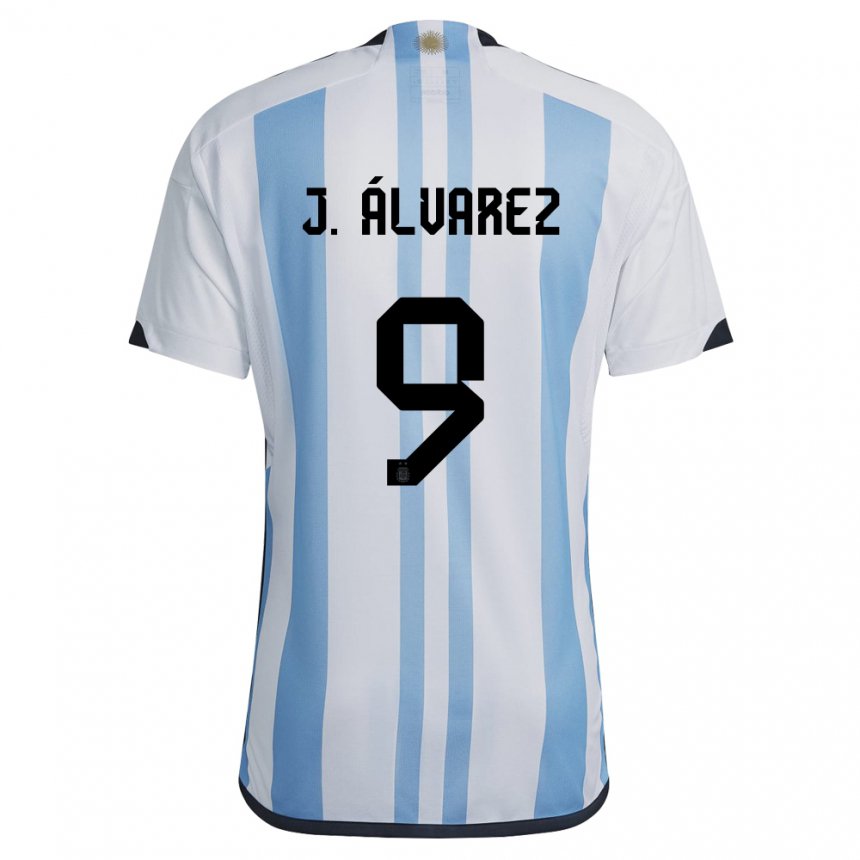 Homme Maillot Argentine Julian Alvarez #9 Blanc Bleu Ciel Tenues Domicile 22-24 T-shirt Belgique