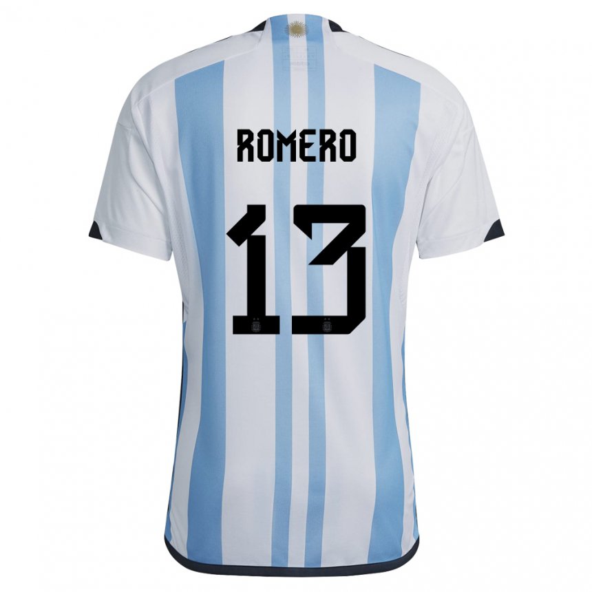Homme Maillot Argentine Cristian Romero #13 Blanc Bleu Ciel Tenues Domicile 22-24 T-shirt Belgique