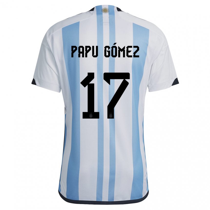 Homme Maillot Argentine Papu Gomez #17 Blanc Bleu Ciel Tenues Domicile 22-24 T-shirt Belgique
