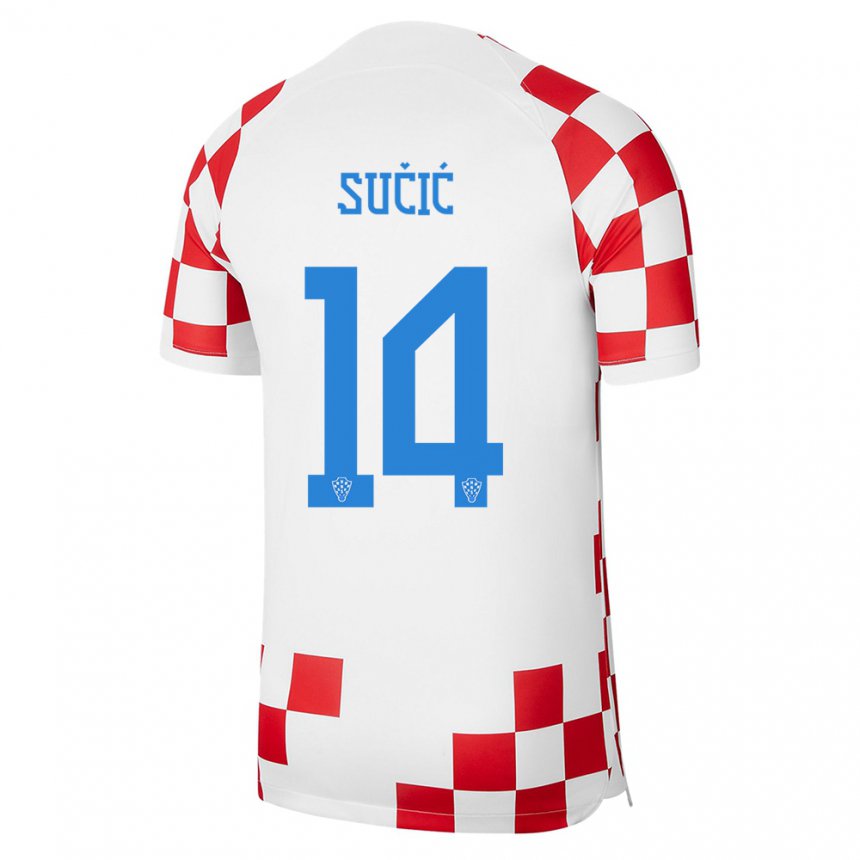 Homme Maillot Croatie Luka Sucic #14 Rouge Blanc Tenues Domicile 22-24 T-shirt Belgique