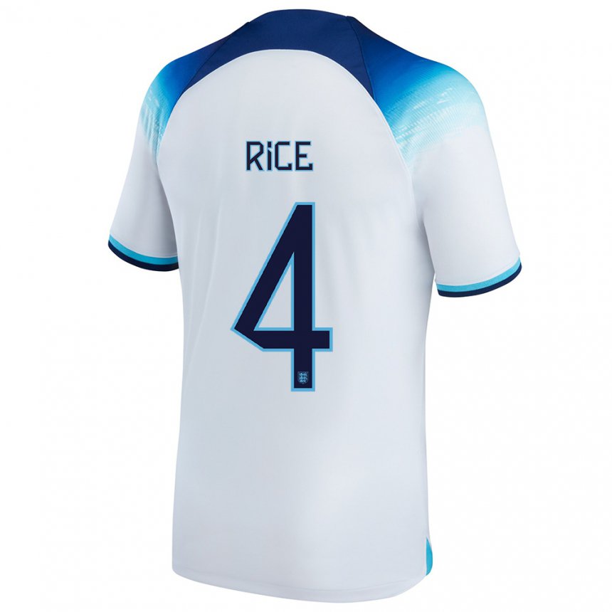 Homme Maillot Angleterre Declan Rice #4 Blanc Bleu Tenues Domicile 22-24 T-shirt Belgique
