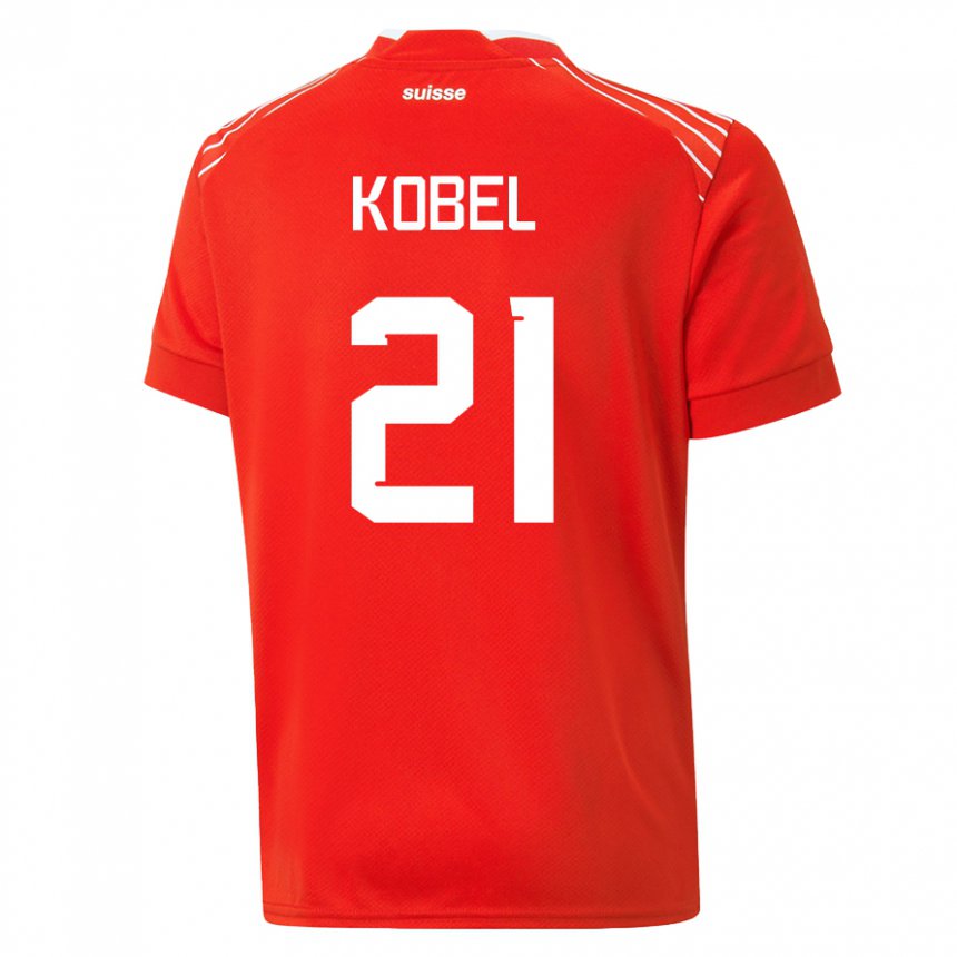 Homme Maillot Suisse Gregor Kobel #21 Rouge Tenues Domicile 22-24 T-shirt Belgique