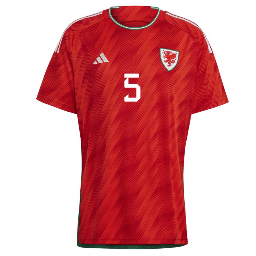 Homme Maillot Pays De Galles Rubin Colwill #5 Rouge Tenues Domicile 22-24 T-shirt Belgique