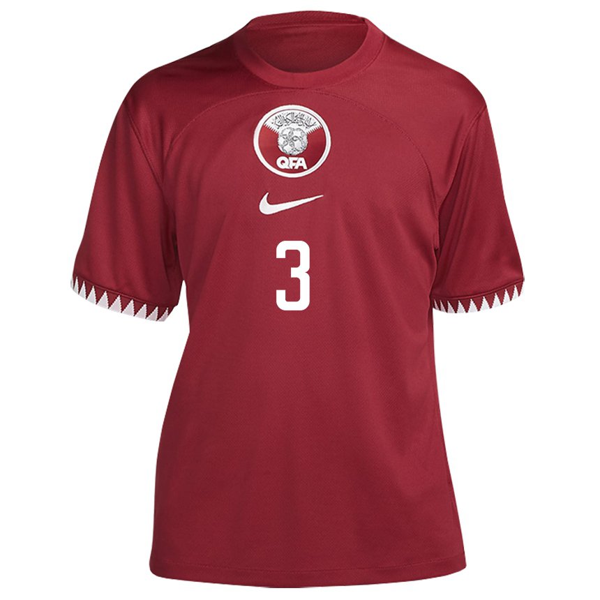 Homme Maillot Qatar Abdelkarim Hassan #3 Bordeaux Tenues Domicile 22-24 T-shirt Belgique
