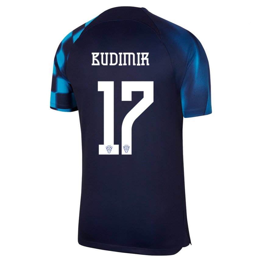 Homme Maillot Croatie Ante Budimir #17 Bleu Foncé Tenues Extérieur 22-24 T-shirt Belgique