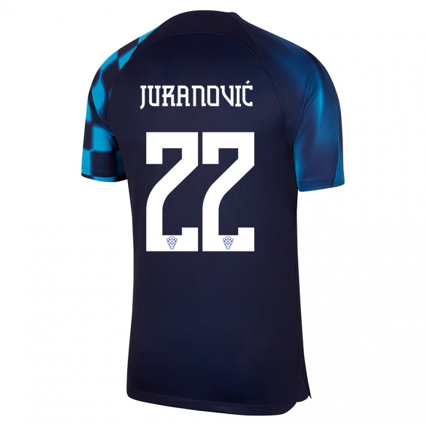 Homme Maillot Croatie Josip Juranovic #22 Bleu Foncé Tenues Extérieur 22-24 T-shirt Belgique
