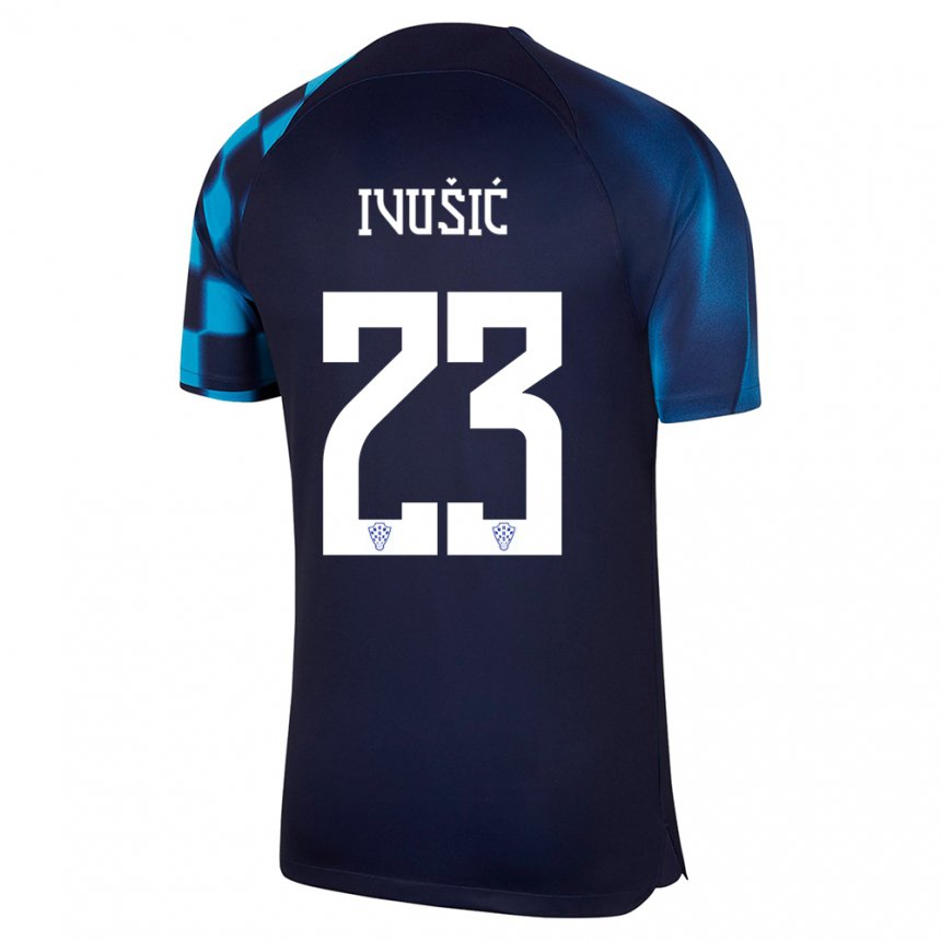 Homme Maillot Croatie Ivica Ivusic #23 Bleu Foncé Tenues Extérieur 22-24 T-shirt Belgique