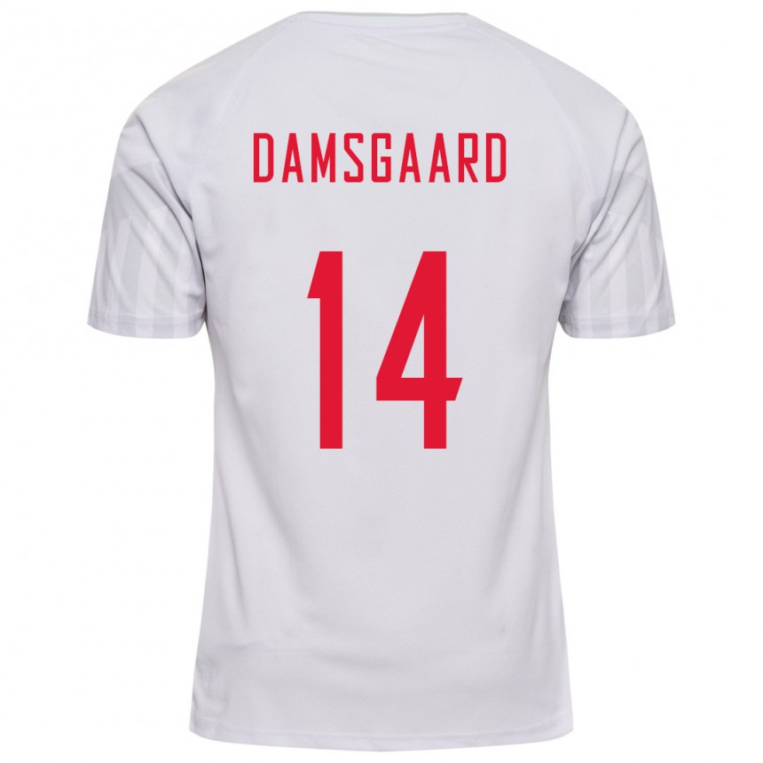 Homme Maillot Danemark Mikkel Damsgaard #14 Blanc Tenues Extérieur 22-24 T-shirt Belgique
