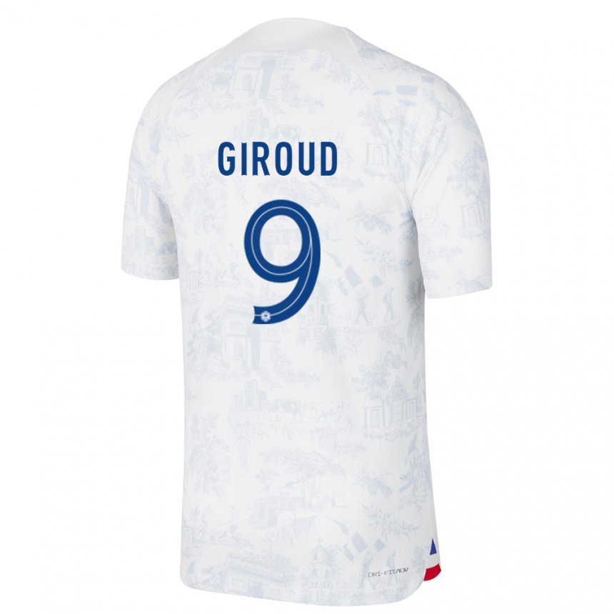 Homme Maillot France Olivier Giroud #9 Blanc Bleu Tenues Extérieur 22-24 T-shirt Belgique