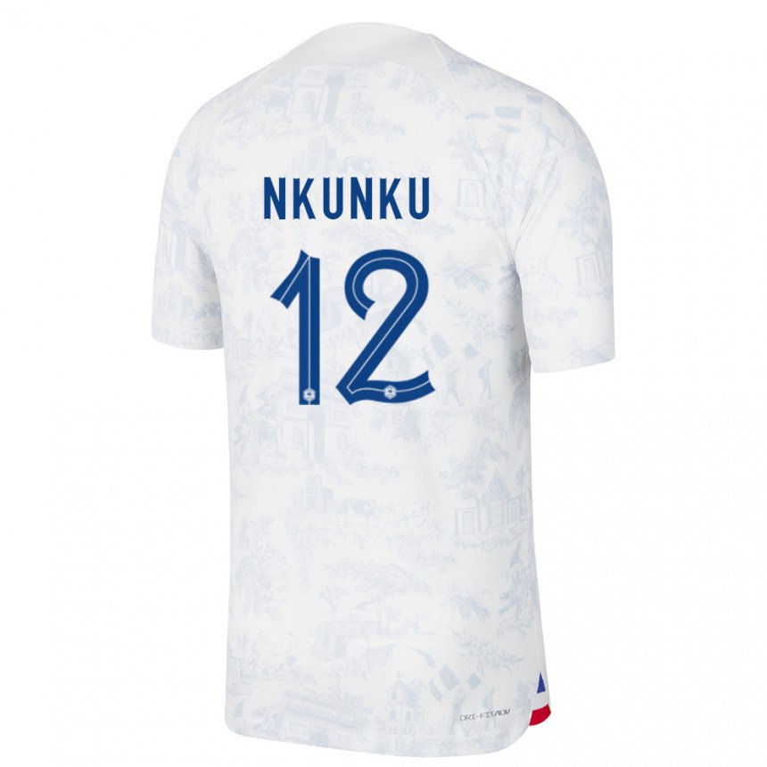 Herren Französische Christopher Nkunku #12 Weiß Blau Auswärtstrikot Trikot 22-24 T-shirt Belgien