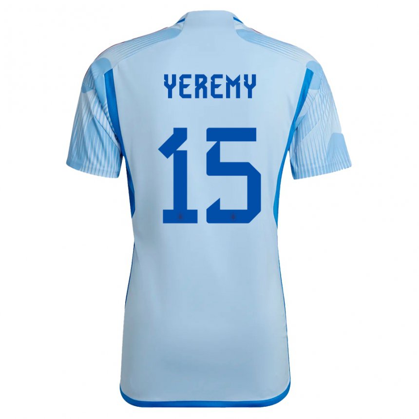 Homme Maillot Espagne Yeremy Pino #15 Bleu Ciel Tenues Extérieur 22-24 T-shirt Belgique